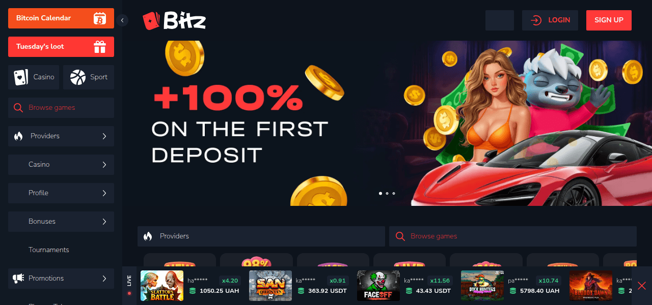 Skjermbilde av Bitz sin startside som viser casinoets spillutbud og design