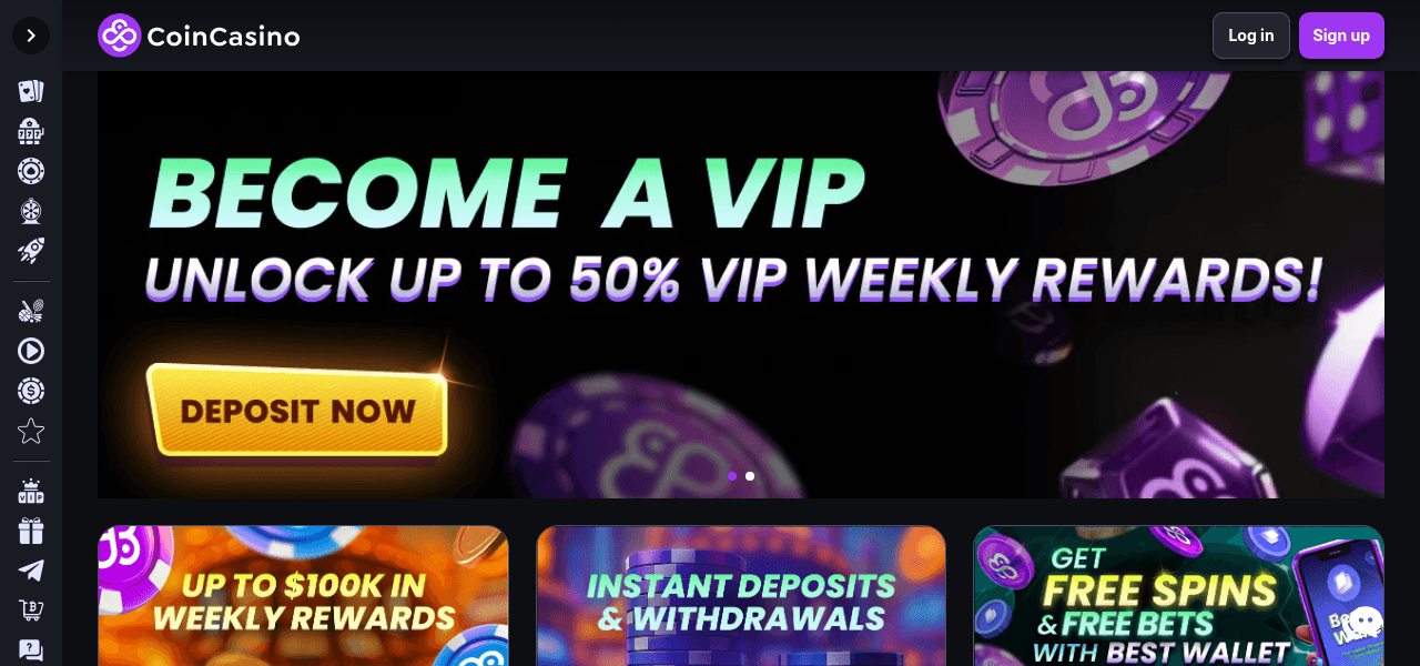 Skjermbilde av CoinCasino forside som viser casinoets spillutvalg og design