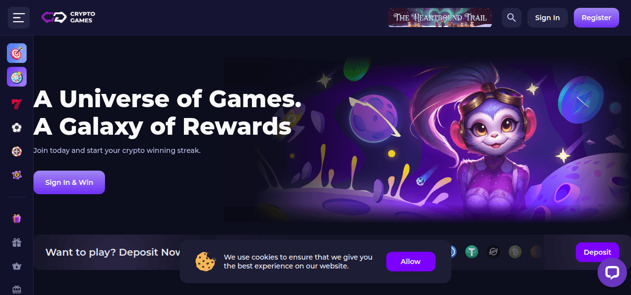 Skjermbilde av Crypto-Games startsiden som viser casinoets spillutvalg og design