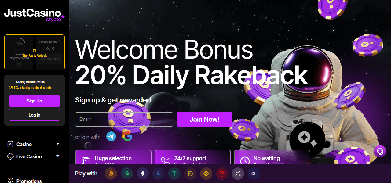 Skjermbilde av JustCasino forside som viser casinoets spillutvalg og design