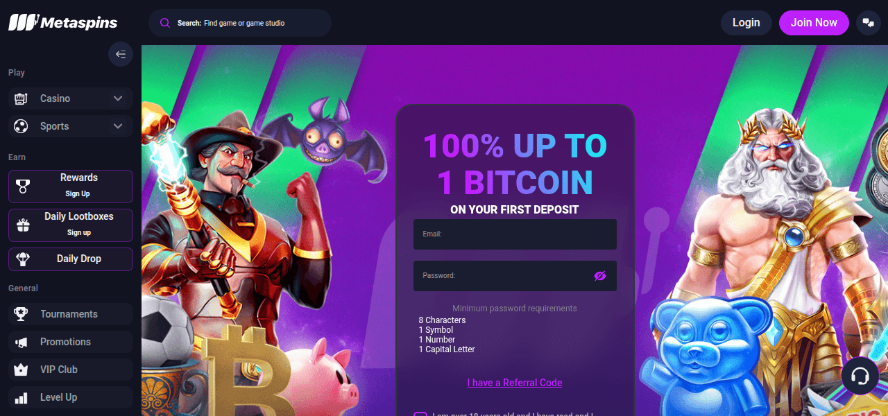 Skjermbilde av Metaspins startside som viser casinoets spilltilbud og design