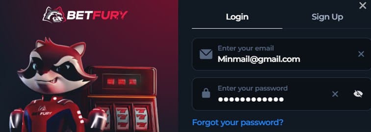 Innloggingsfelt på crypto casinoet BetFury med felt for e-postadresse og passord, samt faner for Login og Sign Up.
