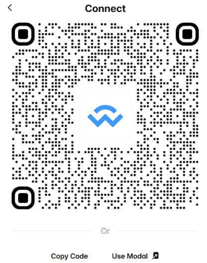 QR-kode generert av WalletConnect som skannes med en kompatibel kryptolommebok for å koble til en tjeneste, med alternativene Copy Code og Use Modal.