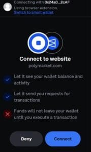 Signeringsforespørsel i Coinbase Wallet som viser lommebokadresse 0x24a0...2cAF og ber om tillatelse til å koble til en nettside, med knappene Deny og Connect.