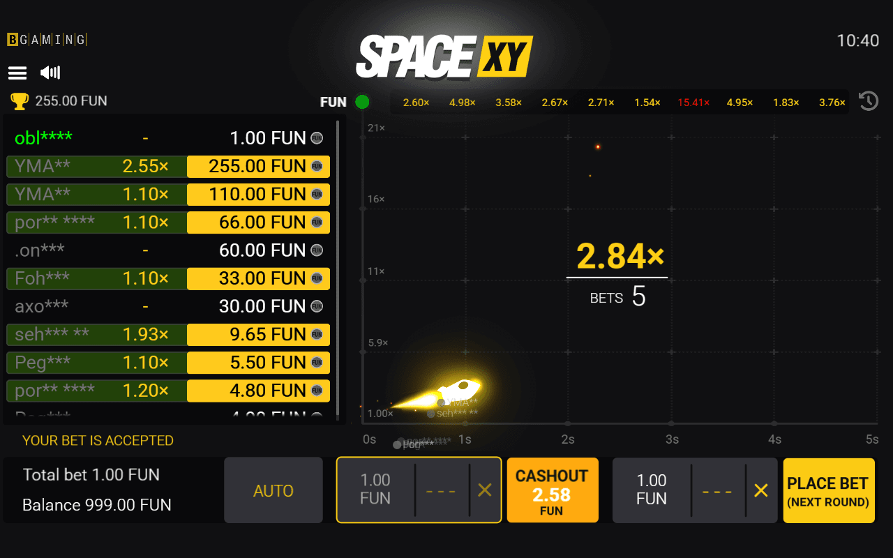 Skjermdump av BGamings crash-spill Space XY i demomodus 22. juli 2026: raketten er midt i en runde på 2,84x og cashout-knappen tilbyr 2,58 FUN på innsatsen 1,00, mens sidepanelet viser andre spilleres uttak i sanntid