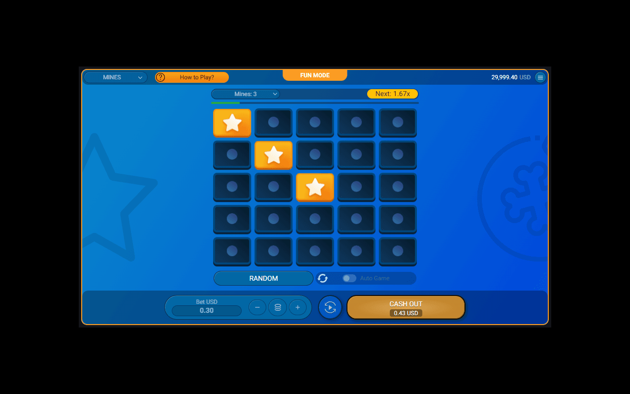 Spribes Mines-demo 22. juli 2026: tre ruter åpnet uten mine på et brett med 3 miner valgt, neste rute gir 1,67x og cash out-knappen viser 0,43 USD på innsatsen 0,30