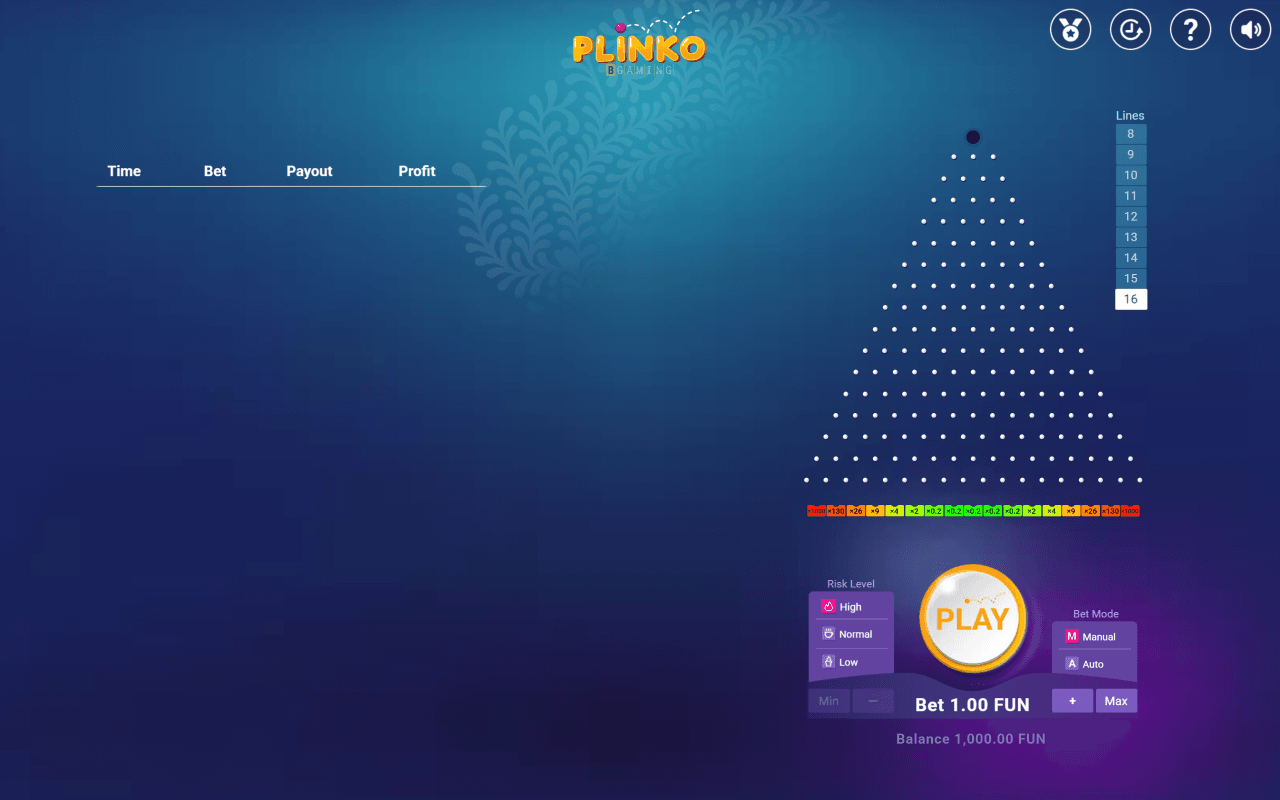 BGamings Plinko-demo 21. juli 2026 innstilt på 16 rader og høy risiko, med kantfelt på x1000 og midtfelt på x0,2
