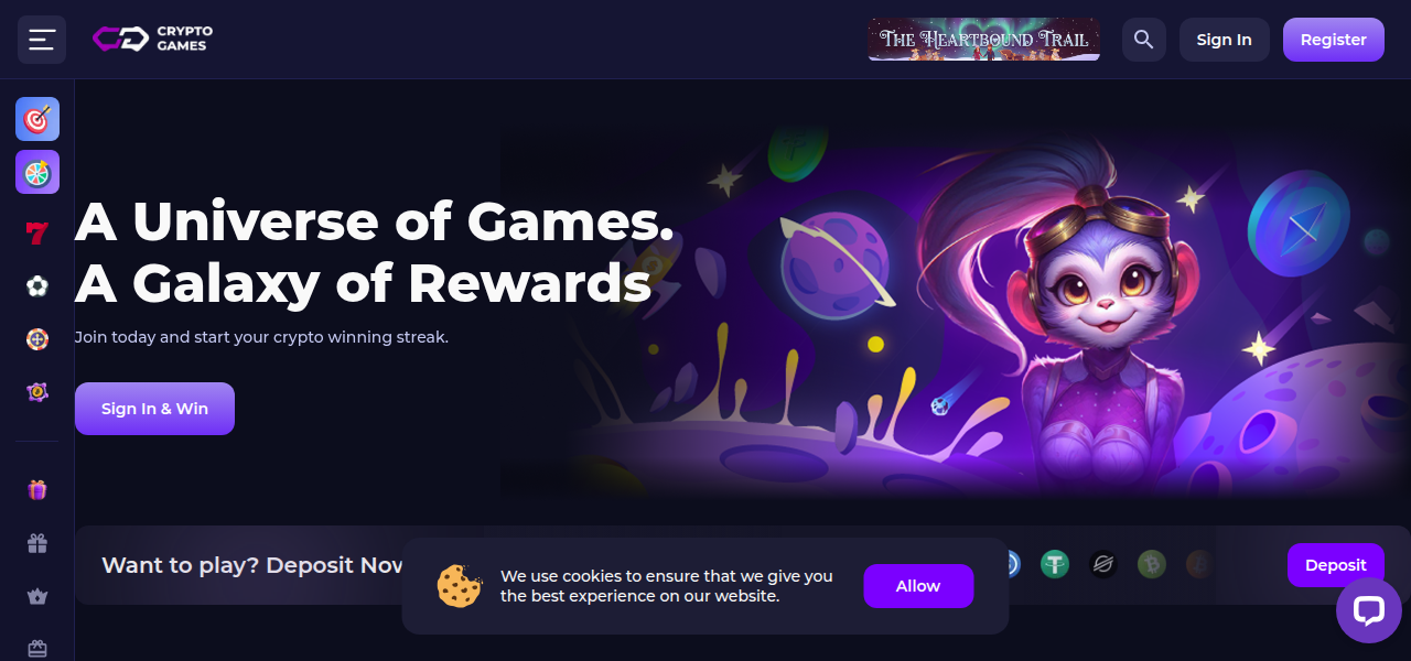 Skjermbilde av Crypto-Games-startsiden som viser kasinoets spillutvalg og design