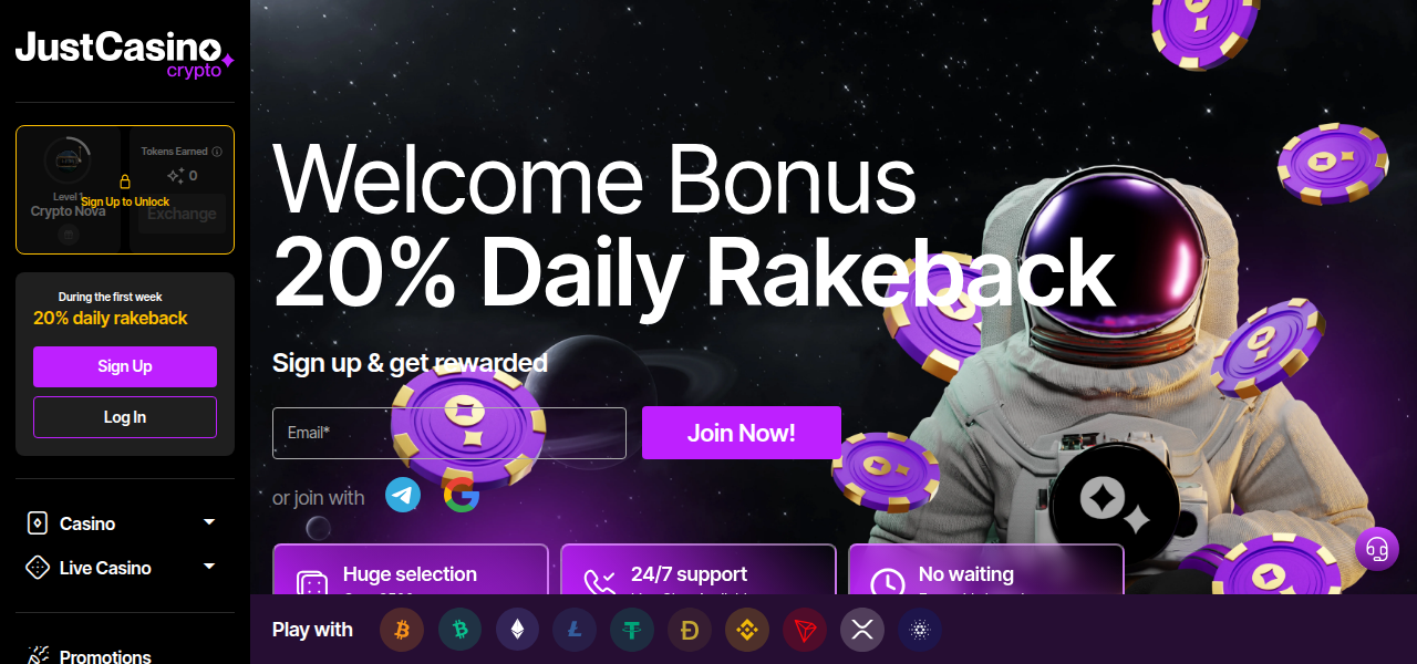 Skjermbilde av JustCasino-startsiden som viser kasinoets spillutvalg og design